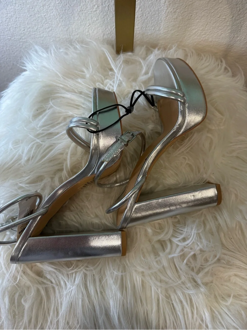 Express Silver Metallic Double-Ankle Block Heel Sandals Size 7